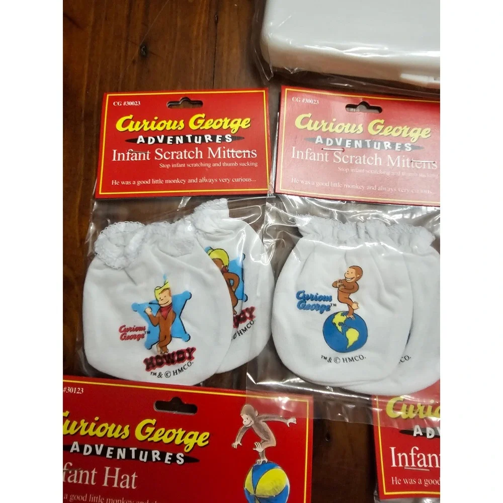 Vintage Curious George Adventures Baby Gift Set Bottles Mittens Hat Brush Wipes